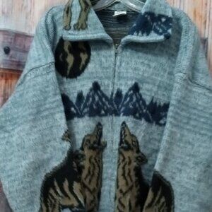 Vintage Yarina Wool Sweater Cardigan Womens Large Blue Howling Wolves Drawstring